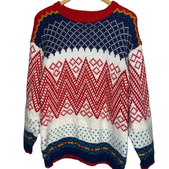 Vtg One Step Up Women's M Sweater Fair Isle Diamond Knit 80s Acrylic Colorful - Picture 1 of 5